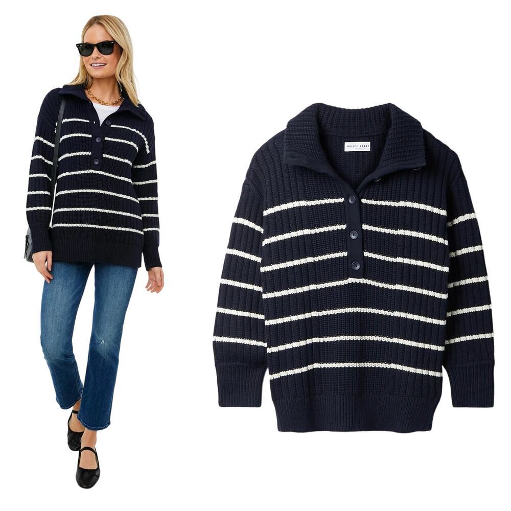 Apiece Apart Paloma Mock Stripes Collared Sweater Sz Small NWT Cotton Cashmere